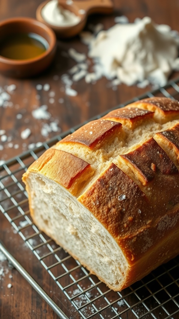 Freshly baked loaf of bread cooling on a wire rack, sliced to show the soft interior.